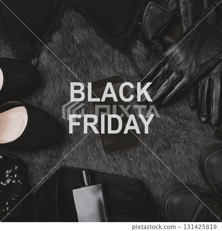 Black Friday Sale Fashion Background. Clothes Flat Lay with Shoes, Fragrance, Lingerie and Phone. Offer Shop Concept 131425819