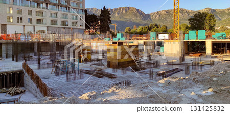 Building foundation with rebar at construction site 131425832