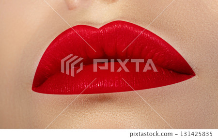 Macro beauty shot of bright lip makeup with red lipstick. Close-up of sexy womans mouth with fashion lips make-up. Celebrate colorful style for Beauty Salon, Cosmetic industry Macro beauty shot of bright lip makeup with red lipstick. Close-up of sexy womans mouth with fashion lips make-up. Celebrate colorful style for Beauty Salon, Cosmetic industry 131425835