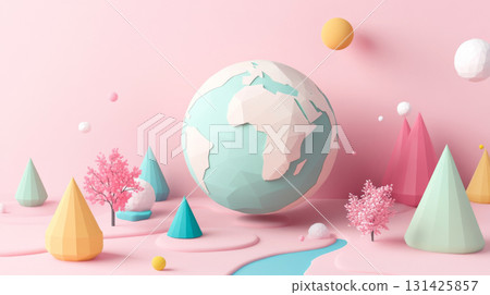 Low-poly Earth surrounded by floating eco-icons in a pastel landscape, background 131425857
