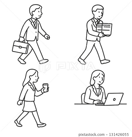 Set of four line drawings of business people's office life scenes (going to work, leaving work, carrying documents, having coffee, online meeting) Set of four line drawings of business people's office life scenes (going to work, leaving work, carrying documents, having coffee, online meeting) 131426055