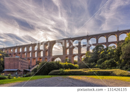 Goeltzschtal Bridge side view at sunset 131426135