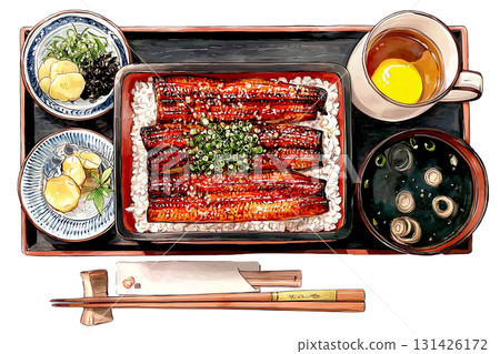 鰻魚套餐，手繪風格，水彩畫 131426172