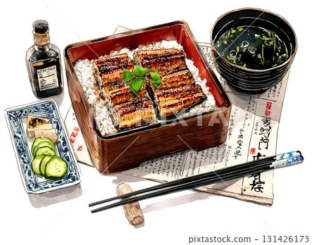 鰻魚套餐，手繪風格，水彩畫 131426173