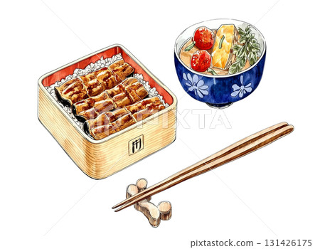 鰻魚套餐，手繪風格，水彩畫 131426175