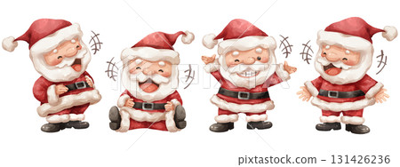 Set of cute watercolor painting santa claus cartoon illustrations expressing pure joy and laughing in christmas festival . Isolate white background . Set of cute watercolor painting santa claus cartoon illustrations expressing pure joy and laughing in christmas festival . Isolate white background . 131426236