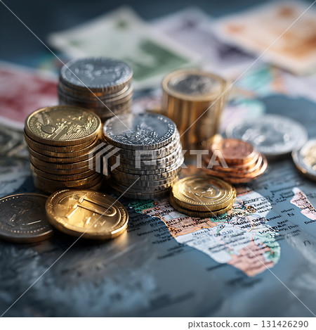 Currencies of various countries placed on a world map 131426290