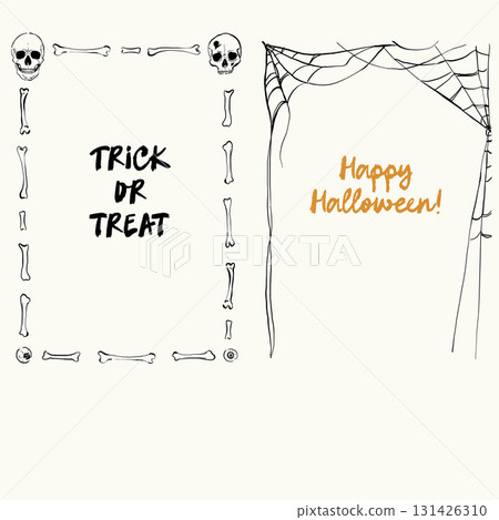 Vector Halloween frames with skeleton, spider, web and skull. Hand painted holiday template isolated on white background. Illustration for design, print or background. Halloween poster. Vector Halloween frames with skeleton, spider, web and skull. Hand painted holiday template isolated on white background. Illustration for design, print or background. Halloween poster. 131426310
