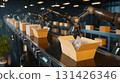 Automatic sorting robots operating in a logistics warehouse and neatly arranged cardboard boxes 131426346