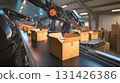 Future logistics site: Automatic sorting robots and neat cardboard boxes 131426386