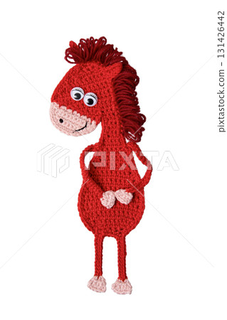 Crocheted toy fiery red horse isolated on a white background. The symbol of the year 2026. Chinese New Year greeting card Crocheted toy fiery red horse isolated on a white background. The symbol of the year 2026. Chinese New Year greeting card 131426442
