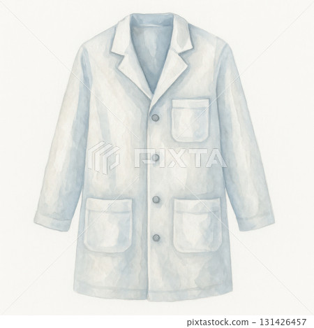 Watercolor illustration clipart of single doctor coat soft fabric watercolor detail with buttons and pockets, medical uniform for healthcare professionals, clean and neat style 131426457