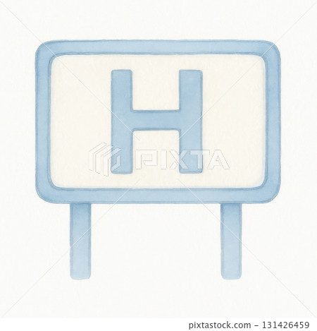 Watercolor illustration of hospital sign board with large blue H on white background, featuring soft pastel hues and clean, simple design 131426459