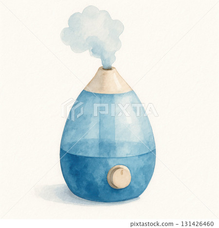 Watercolor illustration clipart of single humidifier with soft mist watercolor painting, featuring blue and beige color scheme and gentle vapor cloud rising from top 131426460