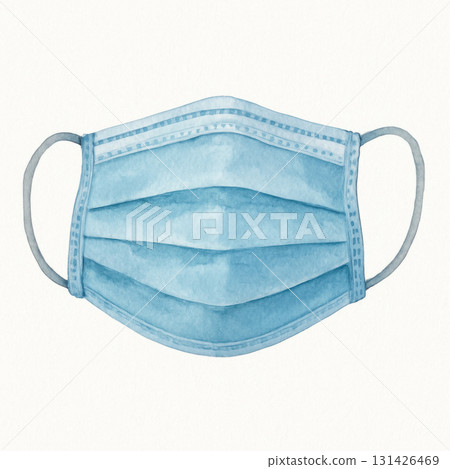 Watercolor illustration clipart of single surgical mask hand painted texture with soft blue tones and delicate shading creating realistic protective face covering image 131426469