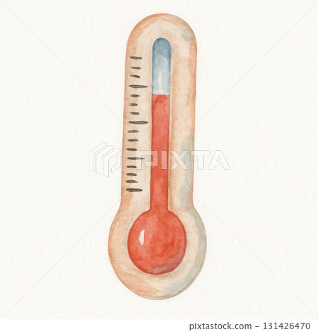 Watercolor illustration clipart of single thermometer with gentle shading and hand painted texture, showing red liquid level inside beige frame on white background 131426470