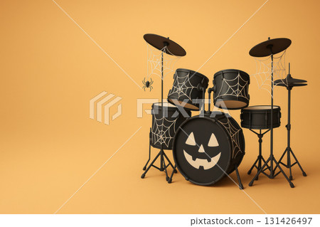 Minimal Halloween drum set with spiderwebs and spider on cymbals, black drums with pumpkin face on bass drum, isolated on orange background with left text space 131426497