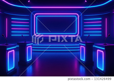 Neon lit game show stage with glowing contestant podiums and microphones futuristic entertainment studio atmosphere with vibrant blue and pink lighting creating exciting mood 131426499