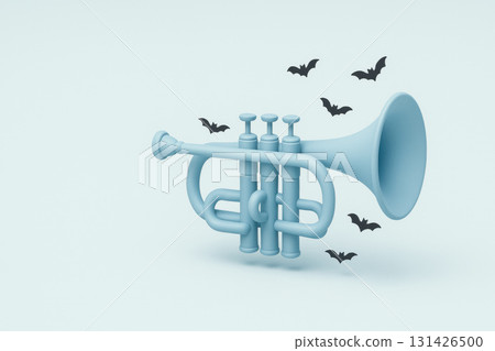 Pastel blue trumpet with tiny black bats flying around on light background, minimal Halloween concept with playful and spooky atmosphere 131426500