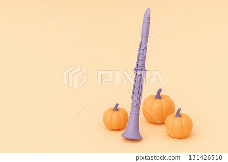 Pastel purple clarinet with three small orange pumpkins on soft beige background, creating calm and cozy autumn atmosphere with space for text on left side 131426510