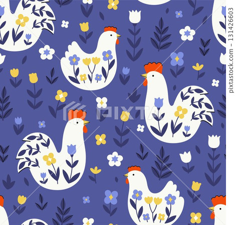 Blue seamless pattern with white chickens, roosters, and flowers. Vector graphics. 131426603