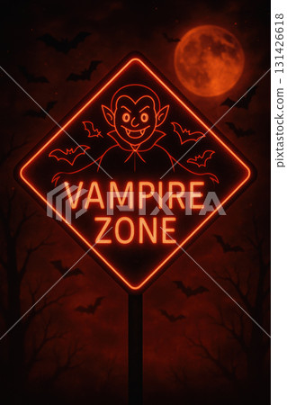 Glowing red neon sign with cartoon vampire and bats warns of vampire zone under full moon in dark spooky forest, creating creepy Halloween atmosphere 131426618