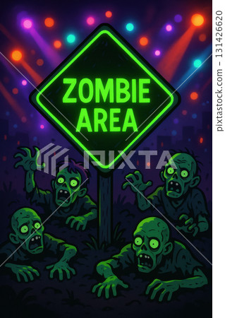 Zombie area sign glowing green with cartoon zombies crawling out of dark ground under colorful party lights creating spooky Halloween atmosphere full of eerie excitement Zombie area sign glowing green with cartoon zombies crawling out of dark ground under colorful party lights creating spooky Halloween atmosphere full of eerie excitement 131426620