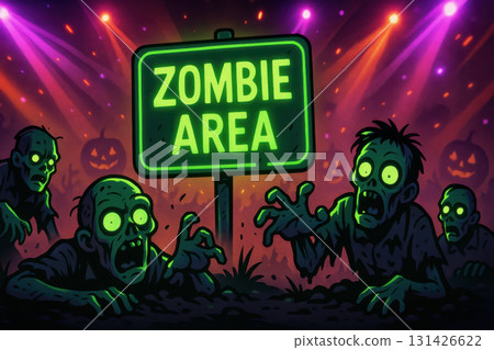 Creepy neon green road sign reading ZOMBIE AREA surrounded by cartoon zombies crawling out of ground with glowing eyes and spooky Halloween party atmosphere with colorful lights 131426622