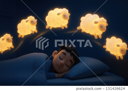 Person peacefully sleeping under blanket with five glowing fluffy sheep jumping over their head in dark room, creating dreamlike and calming atmosphere Person peacefully sleeping under blanket with five glowing fluffy sheep jumping over their head in dark room, creating dreamlike and calming atmosphere 131426624