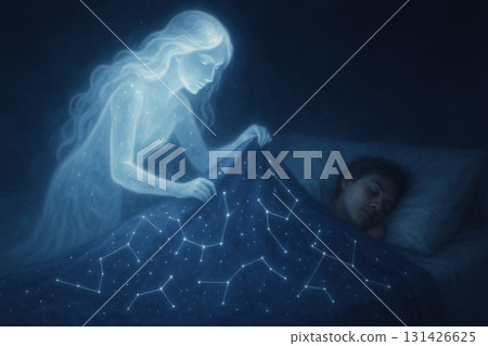 Gentle ethereal sleep spirit made of translucent moonlight tucking constellation themed blanket over sleeping person, creating soft glow and serene atmosphere Gentle ethereal sleep spirit made of translucent moonlight tucking constellation themed blanket over sleeping person, creating soft glow and serene atmosphere 131426625