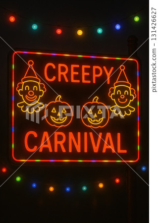 Creepy carnival neon sign glowing with orange and yellow lights featuring cartoon clown faces and jack o lantern pumpkins surrounded by colorful string lights creating spooky festive atmosphere Creepy carnival neon sign glowing with orange and yellow lights featuring cartoon clown faces and jack o lantern pumpkins surrounded by colorful string lights creating spooky festive atmosphere 131426627