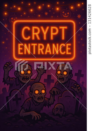 Crypt entrance glowing sign with cartoon zombies rising from graves, Halloween pumpkins and lights creating spooky and eerie atmosphere at night 131426628