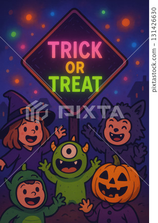 Colorful Halloween scene with children dressed in cartoon monster costumes happily gathered around glowing Trick or Treat street sign and smiling jack o lantern at night Colorful Halloween scene with children dressed in cartoon monster costumes happily gathered around glowing Trick or Treat street sign and smiling jack o lantern at night 131426630