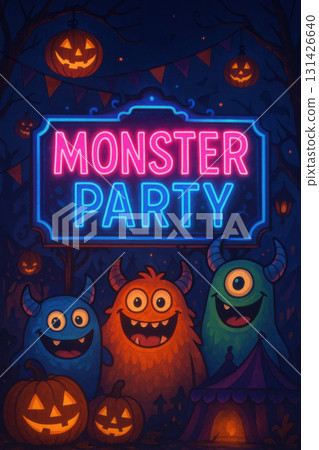 Spooky carnival sign MONSTER PARTY glows in neon pink and blue with three cartoon monsters smiling happily among glowing jack o lanterns and festive Halloween decorations 131426640