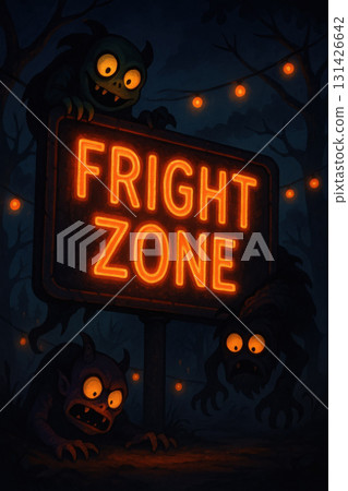 Glowing orange neon sign reading FRIGHT ZONE surrounded by cartoon monsters with glowing eyes lurking in dark spooky forest with hanging lights creating creepy Halloween atmosphere 131426642