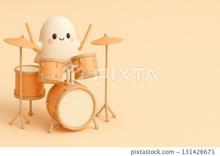 Cute pastel orange drum set with tiny ghost playing drums, smiling happily with drumsticks, isolated on soft peach background with empty space for text or design 131426671