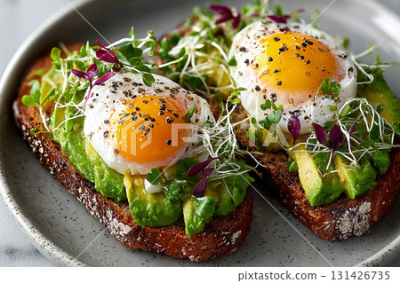 Delicious breakfast. Eggs on avocado toast with micro greens. High protein breakfast. Sunny-side-up eggs. Top view. 131426735