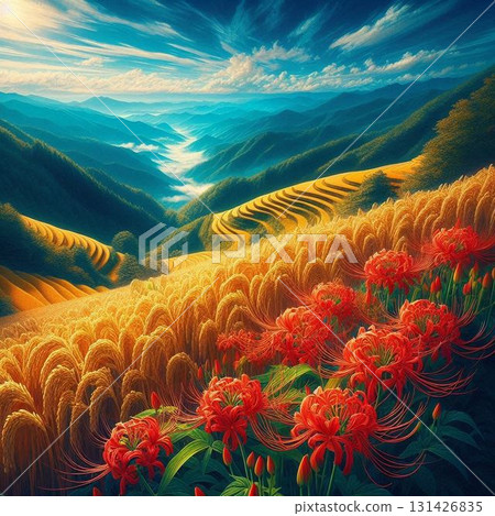 山間梯田的秋季景色，以成熟的稻穗和紅色的彼岸花裝飾 131426835