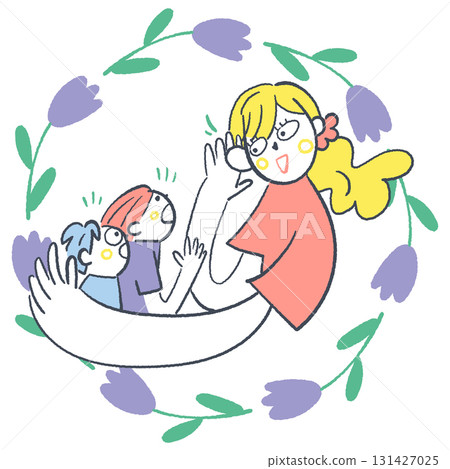 Smiling woman or counselor holding children and listening to their voices 131427025