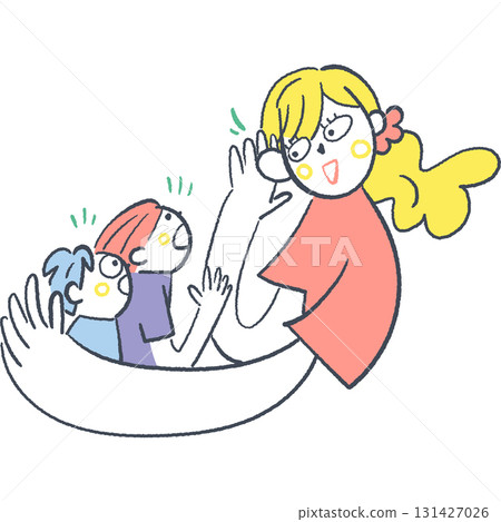 Smiling woman or counselor holding children and listening to their voices Smiling woman or counselor holding children and listening to their voices 131427026