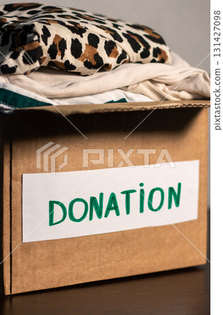 female organizes selection of clothes garments into donation box. Charitable giving. Helping people through clothing donations. 131427098