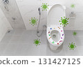 Germ bacteria and virus contaminate bathroom toilet bowl. Infectious diseases spread hygiene concept. 131427125