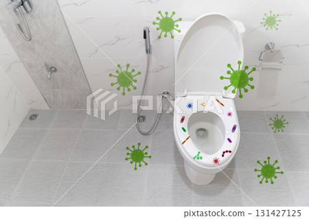 Germ bacteria and virus contaminate bathroom toilet bowl. Infectious diseases spread hygiene concept. Germ bacteria and virus contaminate bathroom toilet bowl. Infectious diseases spread hygiene concept. 131427125