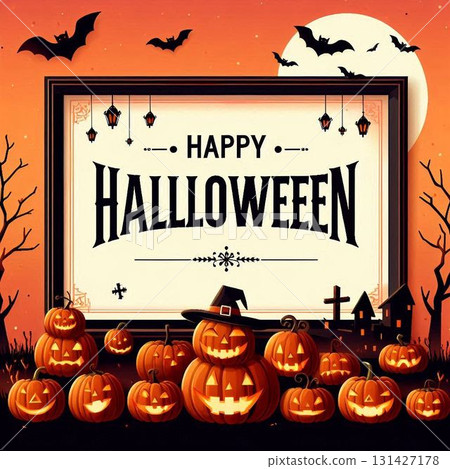 Halloween message card with an orange background featuring pumpkins and bats Halloween message card with an orange background featuring pumpkins and bats 131427178