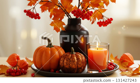 Fall composition with pumpkins, a glowing candle, maple leaves, and bright red berries in a vase in Thanksgiving. 131427243