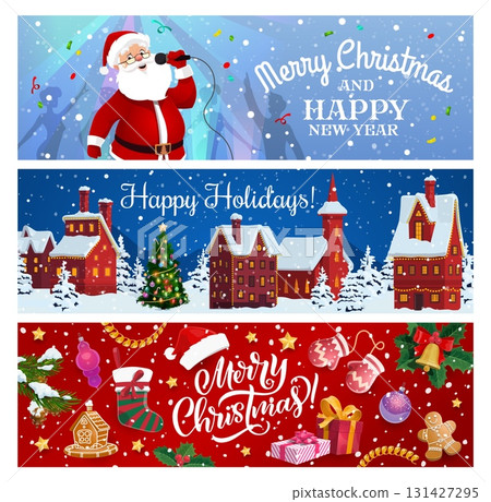 Christmas holiday banners, featuring cartoon Santa Claus character with microphone, snowy town, festive greetings, colorful gifts, stockings, and gingerbread cookies. Vector seasonal greeting cards Christmas holiday banners, featuring cartoon Santa Claus character with microphone, snowy town, festive greetings, colorful gifts, stockings, and gingerbread cookies. Vector seasonal greeting cards 131427295