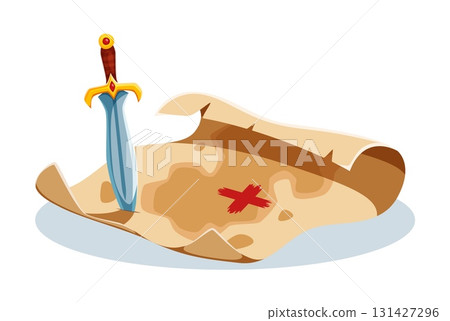 Cartoon pirate treasure map marked with a red x and a sword stabbed into it. Isolated vector icon for Caribbean corsair adventure themed games, indicating location, discovery or a quest starting point 131427296