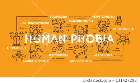 Mental health, human phobia psychology problems infographics. Vector black linear symbols of arachnophobia, claustrophobia, aerophobia and pettophobia. Ailurophobia, herpetophobia or dentophobia 131427298