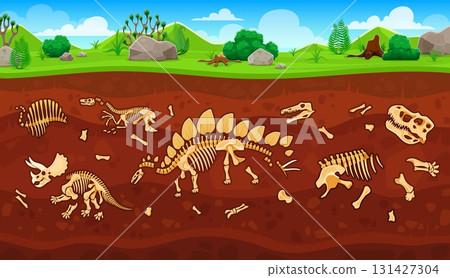 Archeology dinosaur fossil in soil layers, paleontology science and excavation studies. Cartoon vector ground cross section view of ancient dino bones and skeletons of prehistoric animals underground 131427304