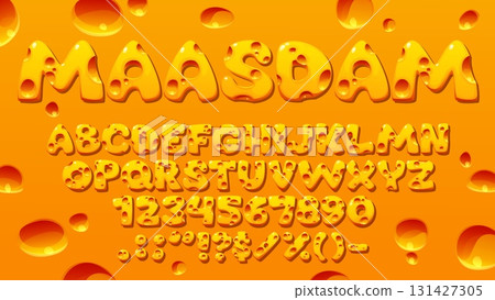 Cartoon cheese font, yellow swiss and maasdam typeface letters alphabet uppercase letters, numbers, and symbols. Vector gooey cheesy abc characters set against a fun orange background with holes Cartoon cheese font, yellow swiss and maasdam typeface letters alphabet uppercase letters, numbers, and symbols. Vector gooey cheesy abc characters set against a fun orange background with holes 131427305